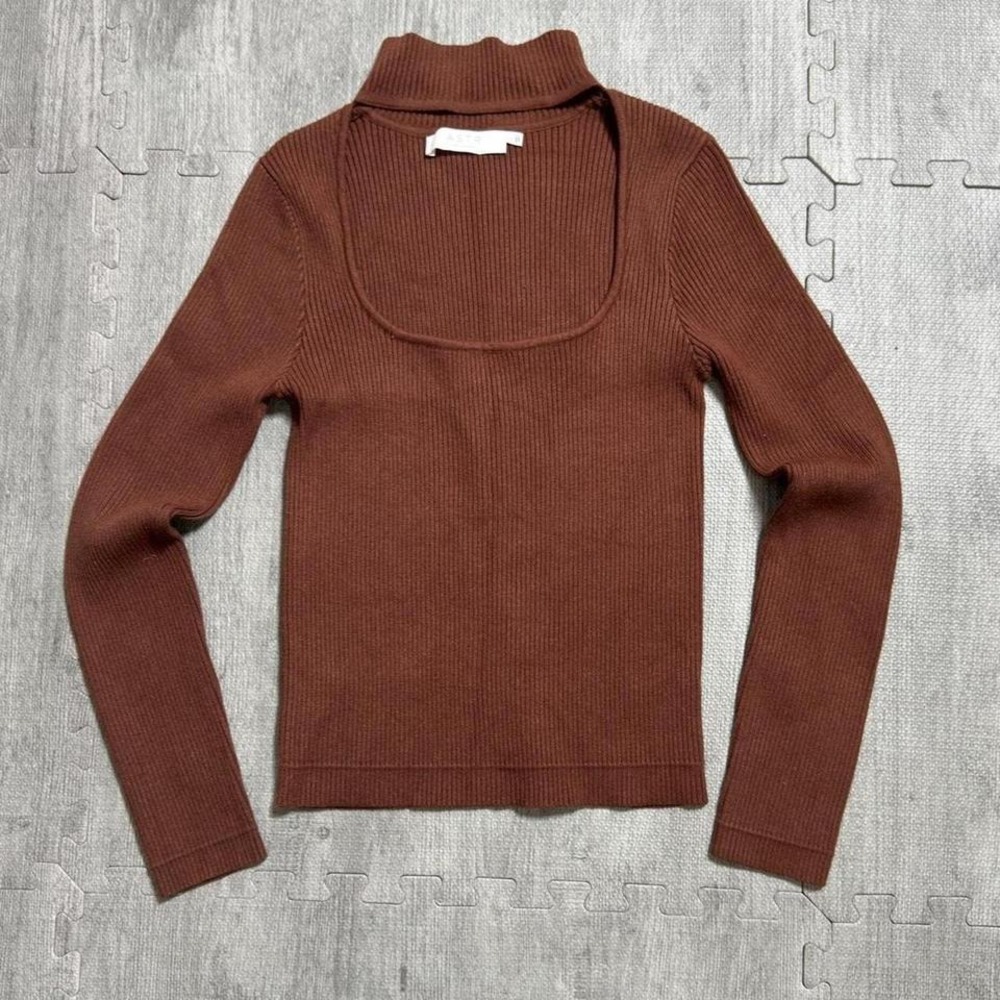 ASTR Ribbed Turtleneck Square Neck Long Sleeve‎ Top Women's Large Color Brown